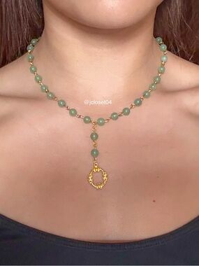 (2/$10) Handmade Green Beaded Necklace with Gold Drop Charm - Women's Jewelry